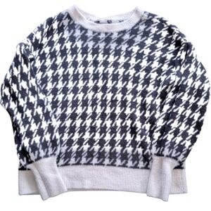 LOFT Houndstooth Knit Sweater Crew Neck Balloon Sleeve Preppy Blk White Womens M